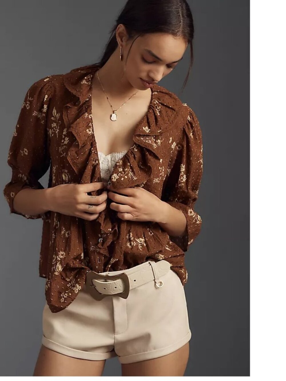 By Anthropologie Ruffled Pin-Tuck Button-Front Blouse XS NEW brown foral top
